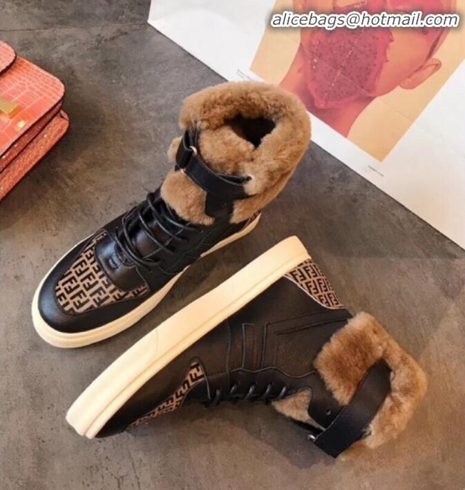 Lowest Cost Fendi FF Lambskin Fur Sneaker Boots G10611 Black 2020