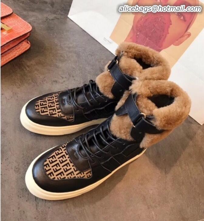 Lowest Cost Fendi FF Lambskin Fur Sneaker Boots G10611 Black 2020