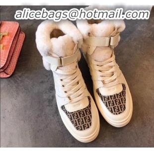 Charming Fendi FF Lambskin Fur Sneaker Boots G10611 White 2020