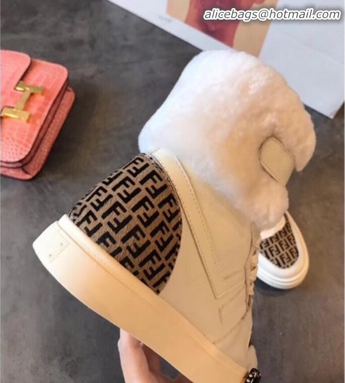 Charming Fendi FF Lambskin Fur Sneaker Boots G10611 White 2020