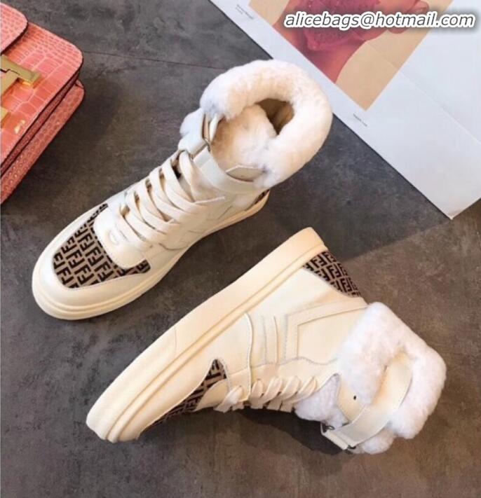 Charming Fendi FF Lambskin Fur Sneaker Boots G10611 White 2020