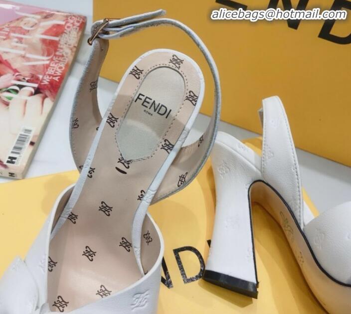 Luxury Cheap Fendi FFreedom All-Over FF Bow Slingback Heel Sandals G22606 White 2020