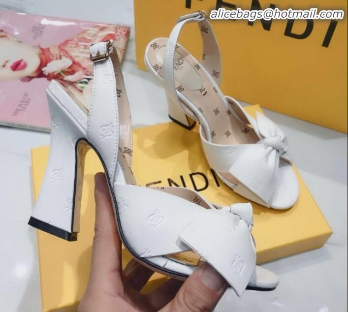 Luxury Cheap Fendi FFreedom All-Over FF Bow Slingback Heel Sandals G22606 White 2020