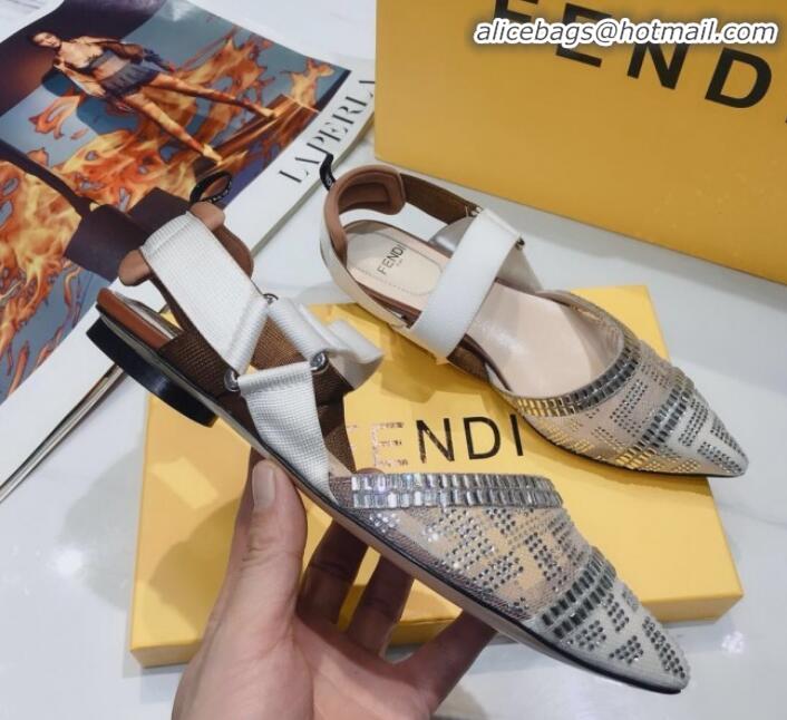 Low Price Fendi Colibrì Crystal Mesh Slingback Flat Shoe G22613 White/Beige 2020