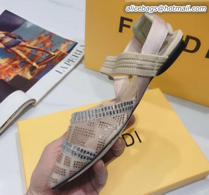 Fashion Fendi Colibrì Crystal Mesh Slingback Flat Shoe G22613 Nude 2020