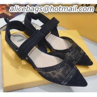 Luxurious Fendi Colibrì Crystal Mesh Slingback Flat Shoe G22613 Black 2020