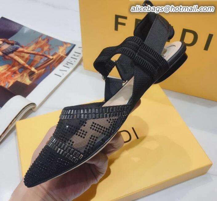 Luxurious Fendi Colibrì Crystal Mesh Slingback Flat Shoe G22613 Black 2020