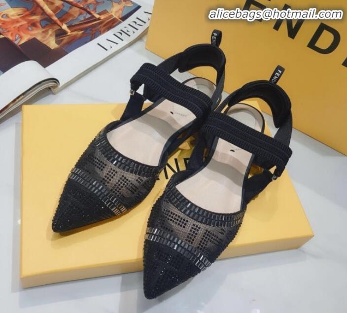 Luxurious Fendi Colibrì Crystal Mesh Slingback Flat Shoe G22613 Black 2020