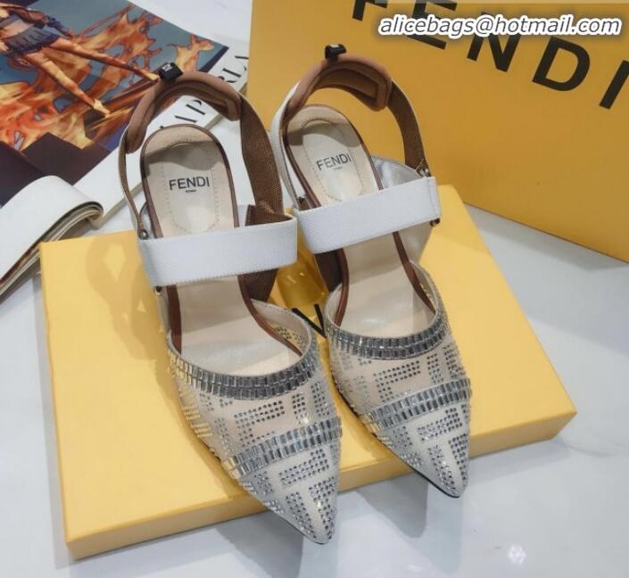 Discount Fendi Colibrì Crystal Mesh Mid-Heel Slingback Pumps G22616 White/Beige 2020