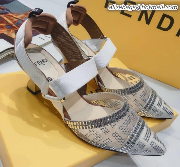 Discount Fendi Colibrì Crystal Mesh Mid-Heel Slingback Pumps G22616 White/Beige 2020