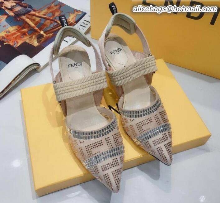 Good Product Fendi Colibrì Crystal Mesh Mid-Heel Slingback Pumps G22616 Nude 2020