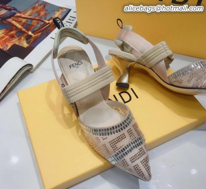 Good Product Fendi Colibrì Crystal Mesh Mid-Heel Slingback Pumps G22616 Nude 2020