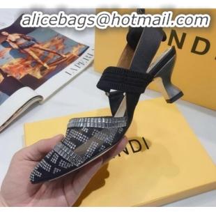 New Fashion Fendi Colibrì Crystal Mesh Mid-Heel Slingback Pumps G22616 Black/Silver 2020