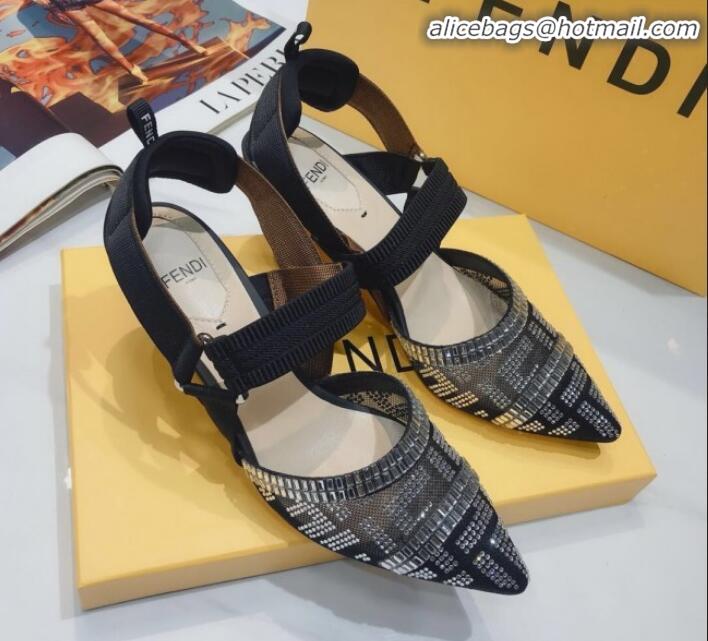 New Fashion Fendi Colibrì Crystal Mesh Mid-Heel Slingback Pumps G22616 Black/Silver 2020