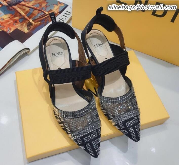 New Fashion Fendi Colibrì Crystal Mesh Mid-Heel Slingback Pumps G22616 Black/Silver 2020