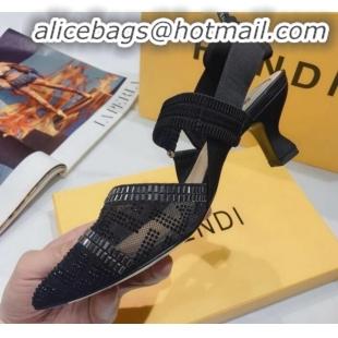 Good Quality Fendi Colibrì Crystal Mesh Mid-Heel Slingback Pumps G22616 All Black 2020