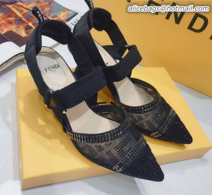 Good Quality Fendi Colibrì Crystal Mesh Mid-Heel Slingback Pumps G22616 All Black 2020