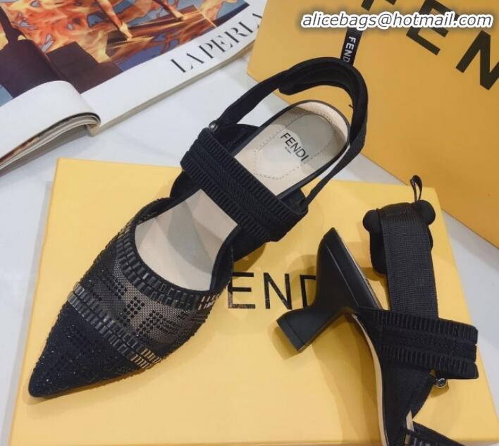 Good Quality Fendi Colibrì Crystal Mesh Mid-Heel Slingback Pumps G22616 All Black 2020