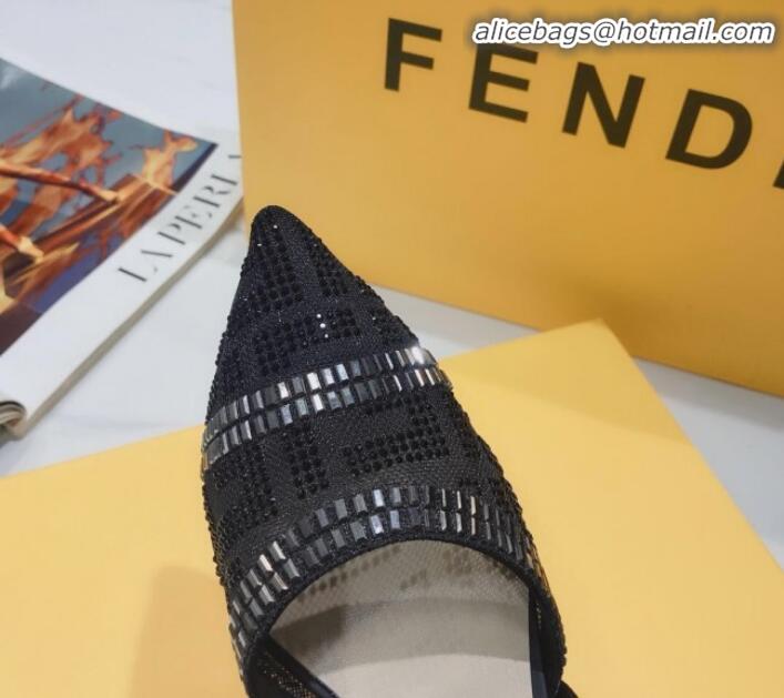 Good Quality Fendi Colibrì Crystal Mesh Mid-Heel Slingback Pumps G22616 All Black 2020