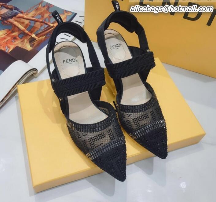 Good Quality Fendi Colibrì Crystal Mesh Mid-Heel Slingback Pumps G22616 All Black 2020