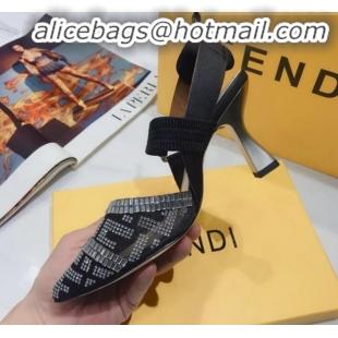 Luxury Cheap Fendi Colibrì Crystal Mesh High-Heel Slingback Pumps G22623 Black/Silver 2020 