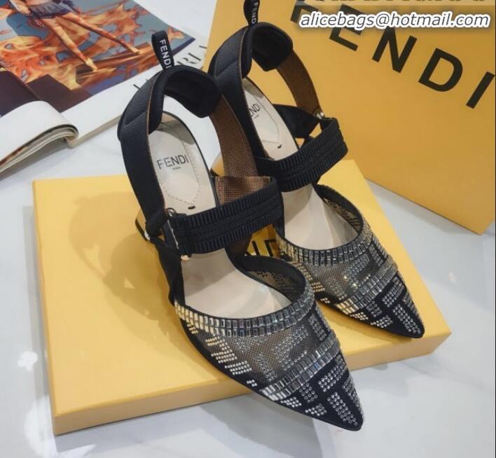 Luxury Cheap Fendi Colibrì Crystal Mesh High-Heel Slingback Pumps G22623 Black/Silver 2020 