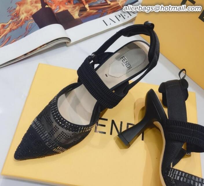 Top Design Fendi Colibrì Crystal Mesh High-Heel Slingback Pumps G22623 All Black 2020 