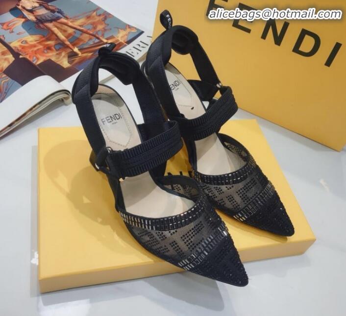 Top Design Fendi Colibrì Crystal Mesh High-Heel Slingback Pumps G22623 All Black 2020 