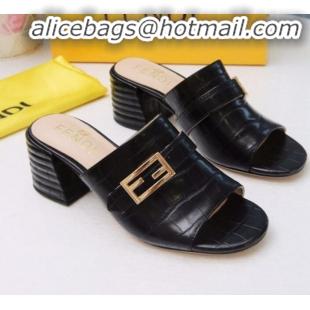 Unique Discount Fendi Promenade Stone-Grained Leather Heel Slide Sandals G30806 Black 2020