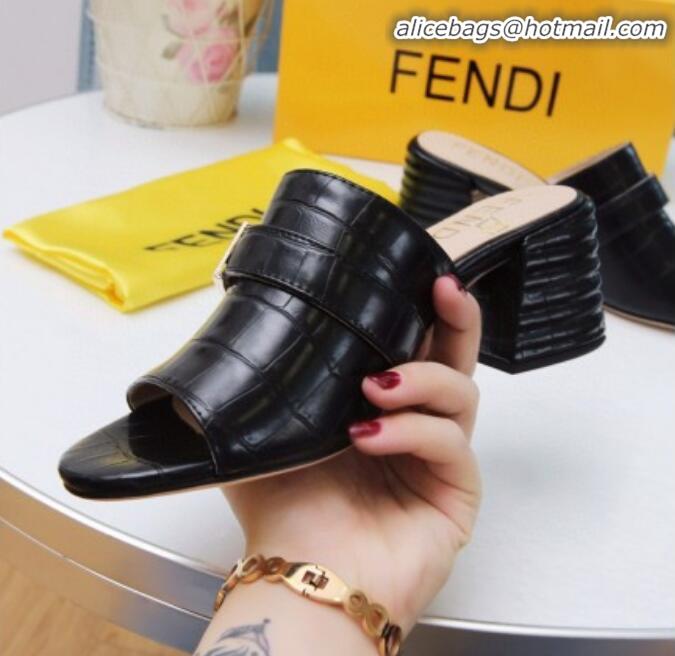 Unique Discount Fendi Promenade Stone-Grained Leather Heel Slide Sandals G30806 Black 2020