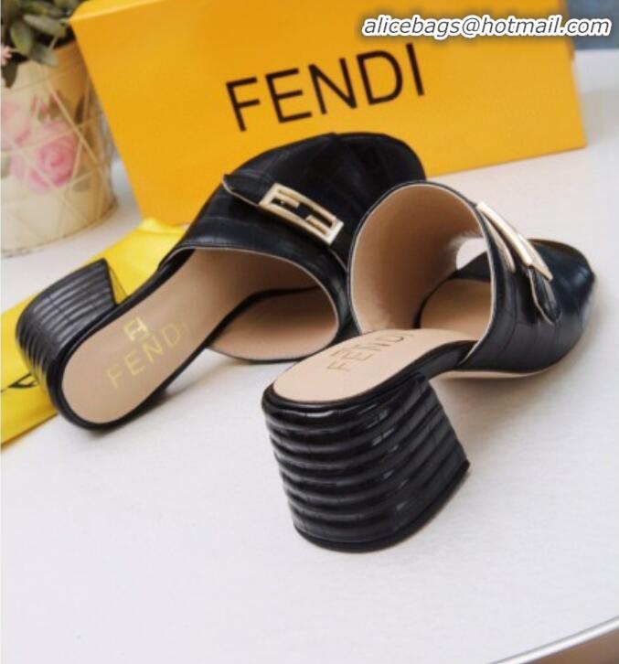 Unique Discount Fendi Promenade Stone-Grained Leather Heel Slide Sandals G30806 Black 2020