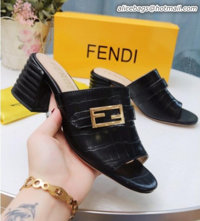 Unique Discount Fendi Promenade Stone-Grained Leather Heel Slide Sandals G30806 Black 2020