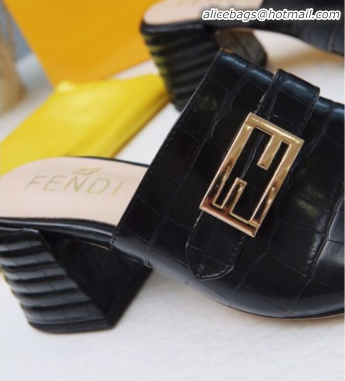 Unique Discount Fendi Promenade Stone-Grained Leather Heel Slide Sandals G30806 Black 2020