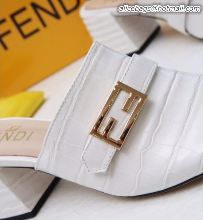 Best Quality Fendi Promenade Stone-Grained Leather Heel Slide Sandals G30806 White 2020