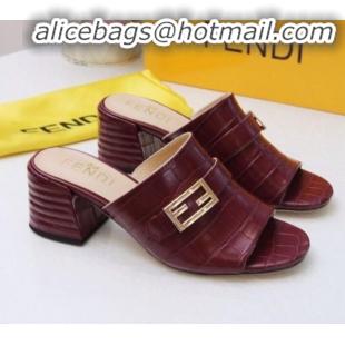 Shop Duplicate Fendi Promenade Stone-Grained Leather Heel Slide Sandals G30806 Burdundy 2020