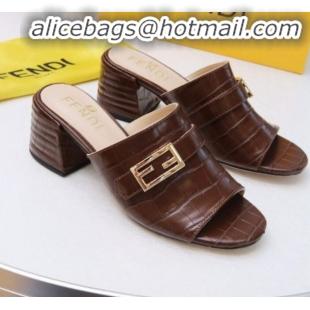 Elegant Fendi Promenade Stone-Grained Leather Heel Slide Sandals G30806 Brown 2020