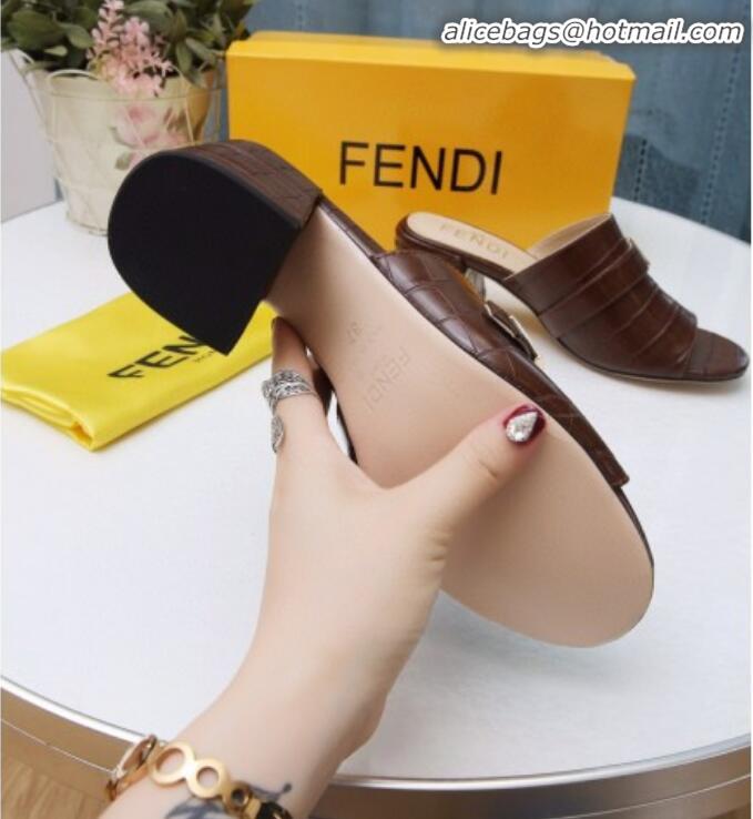 Elegant Fendi Promenade Stone-Grained Leather Heel Slide Sandals G30806 Brown 2020