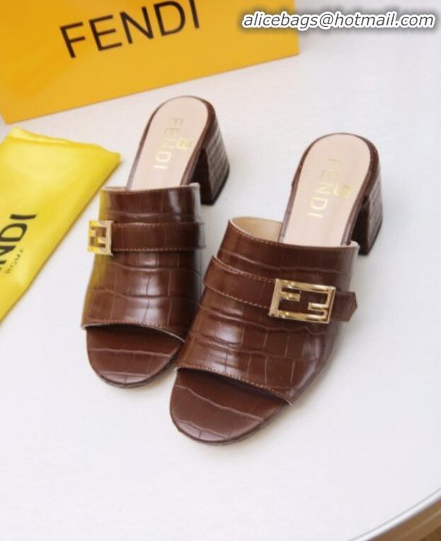 Elegant Fendi Promenade Stone-Grained Leather Heel Slide Sandals G30806 Brown 2020