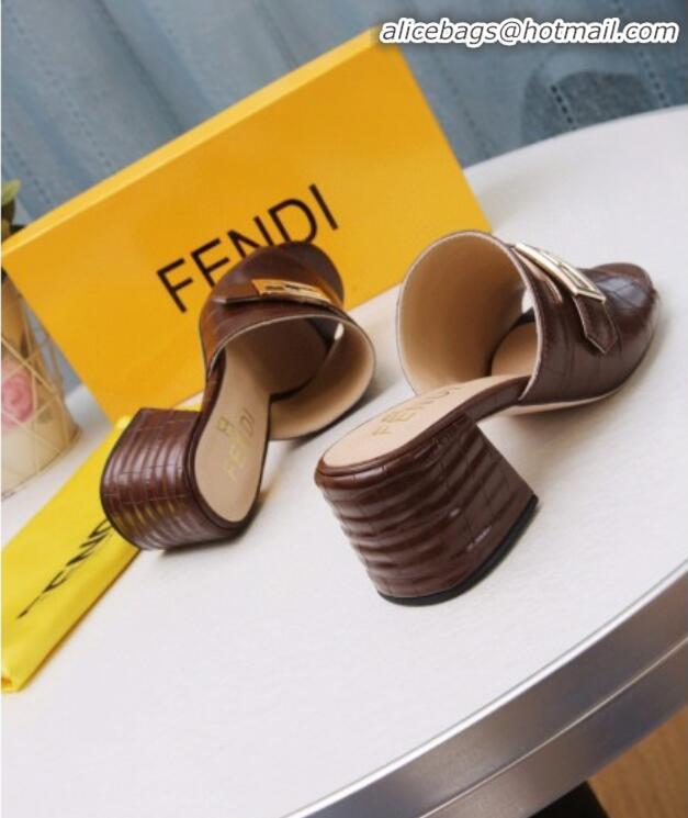 Elegant Fendi Promenade Stone-Grained Leather Heel Slide Sandals G30806 Brown 2020