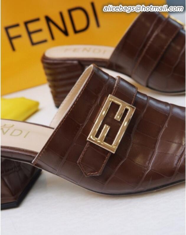 Elegant Fendi Promenade Stone-Grained Leather Heel Slide Sandals G30806 Brown 2020