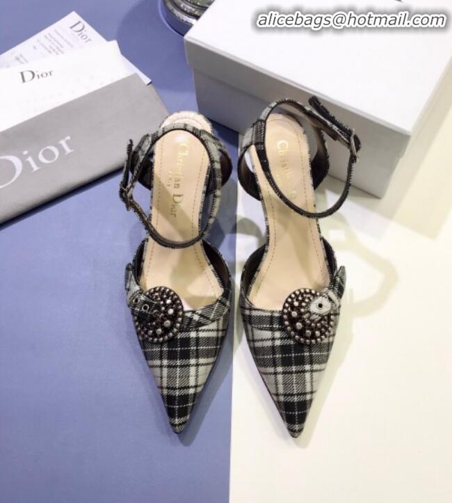 New Fashion Dior Gang Buckle Slingback Pump in Grey Tartan Fabric G12201 2020