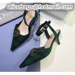 Discount Dior Gang Buckle Slingback Pump in Green Tartan Fabric G12202 2020