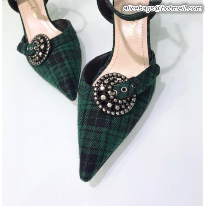 Discount Dior Gang Buckle Slingback Pump in Green Tartan Fabric G12202 2020