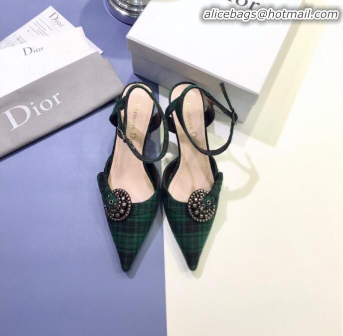 Discount Dior Gang Buckle Slingback Pump in Green Tartan Fabric G12202 2020