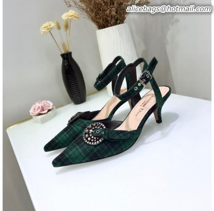 Discount Dior Gang Buckle Slingback Pump in Green Tartan Fabric G12202 2020