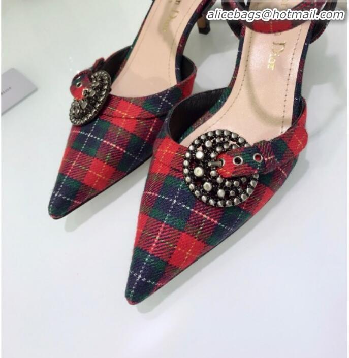 Best Luxury Dior Gang Buckle Slingback Pump in Red Tartan Fabric G12203 2020