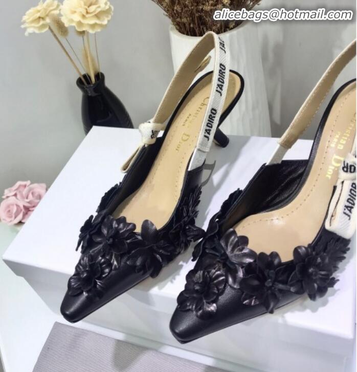 Design Dior J'Adior Mid-Heel Slingback Pump in Embroidered Flower Lambskin G12208 Black 2020