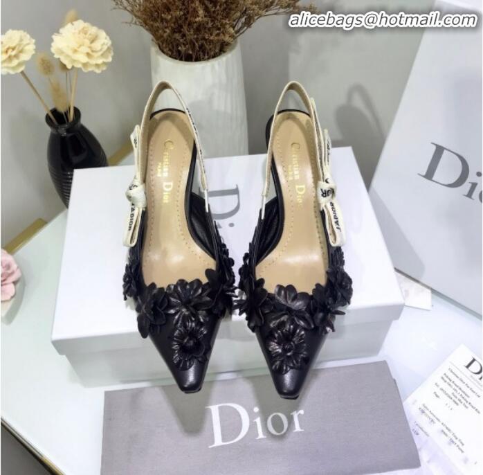 Design Dior J'Adior Mid-Heel Slingback Pump in Embroidered Flower Lambskin G12208 Black 2020