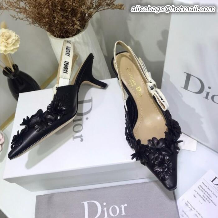 Design Dior J'Adior Mid-Heel Slingback Pump in Embroidered Flower Lambskin G12208 Black 2020