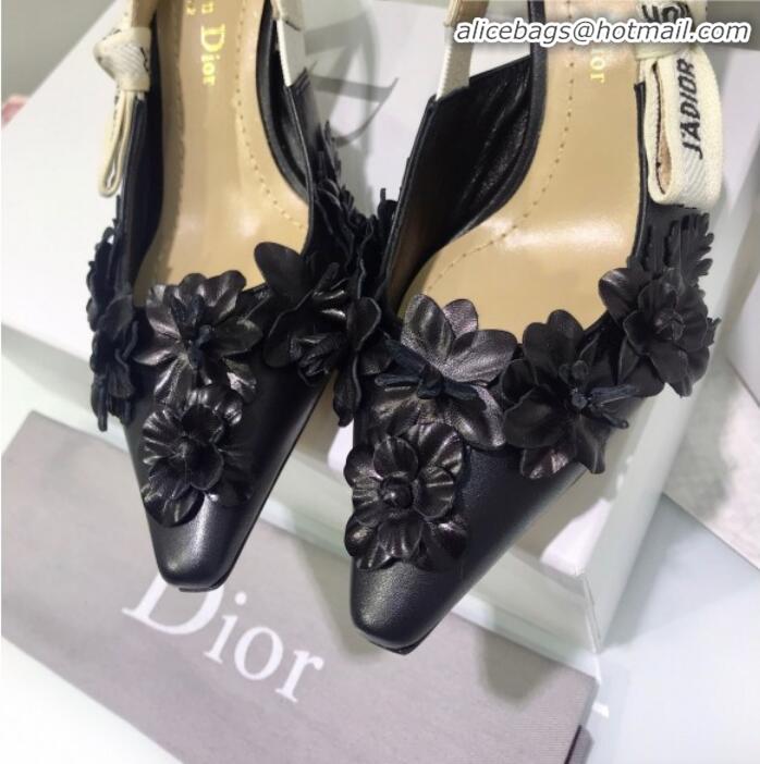 Design Dior J'Adior Mid-Heel Slingback Pump in Embroidered Flower Lambskin G12208 Black 2020